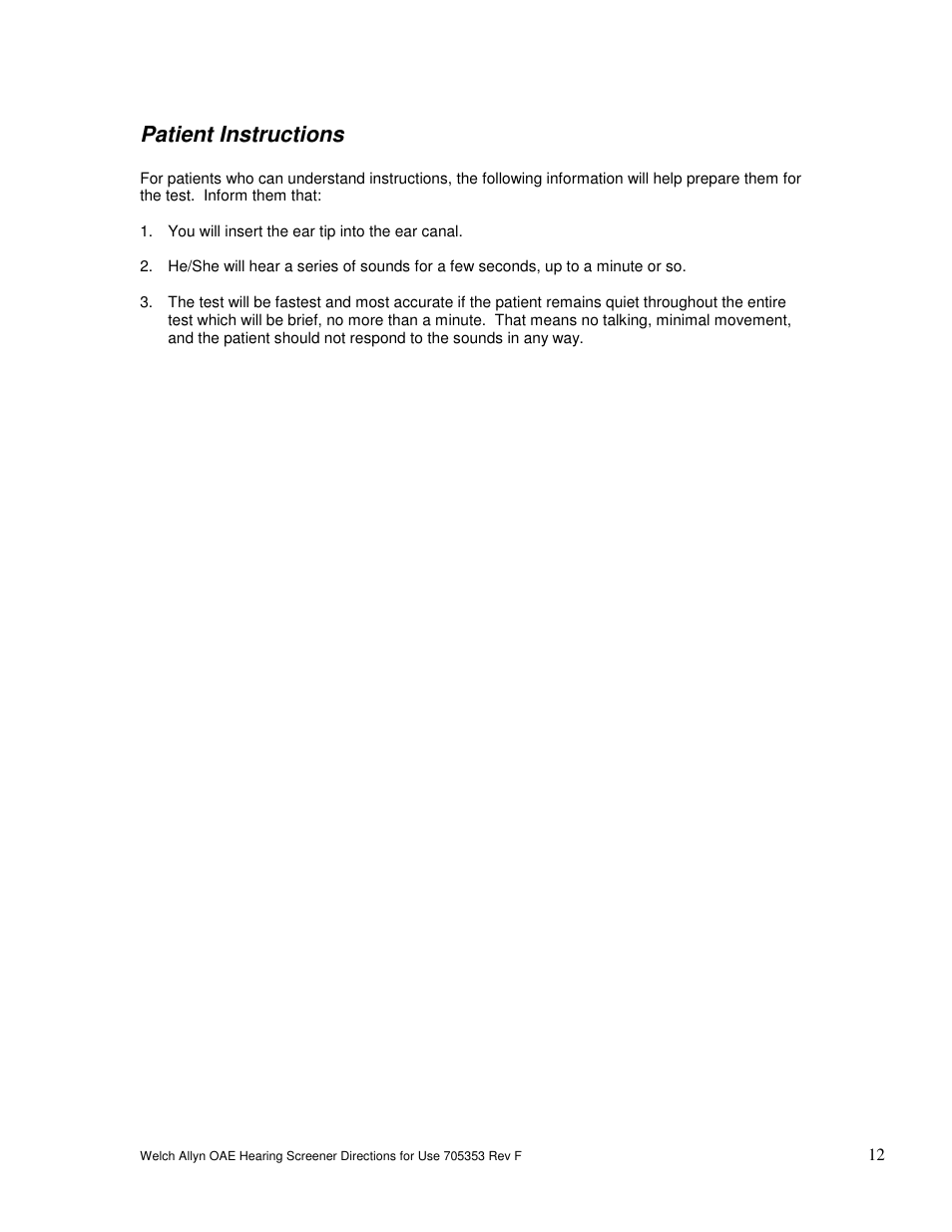 Patient instructions | Welch Allyn OAE Hearing Screener - User Manual User Manual | Page 13 / 56
