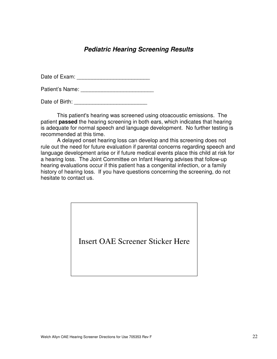 Insert oae screener sticker here, Pediatric hearing screening results | Welch Allyn OAE Hearing Screener - User Manual User Manual | Page 23 / 56