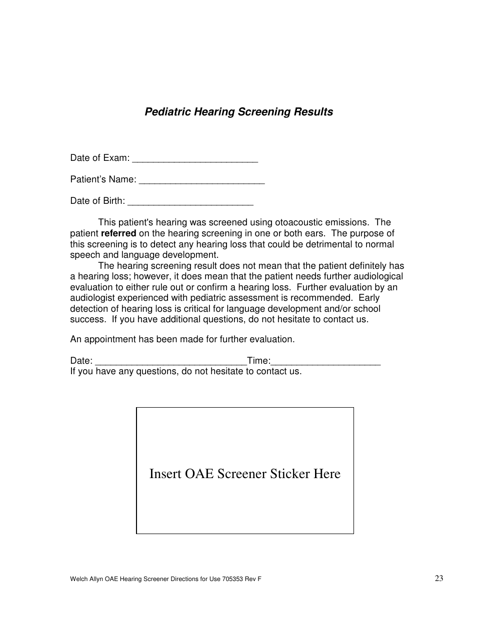 Insert oae screener sticker here, Pediatric hearing screening results | Welch Allyn OAE Hearing Screener - User Manual User Manual | Page 24 / 56