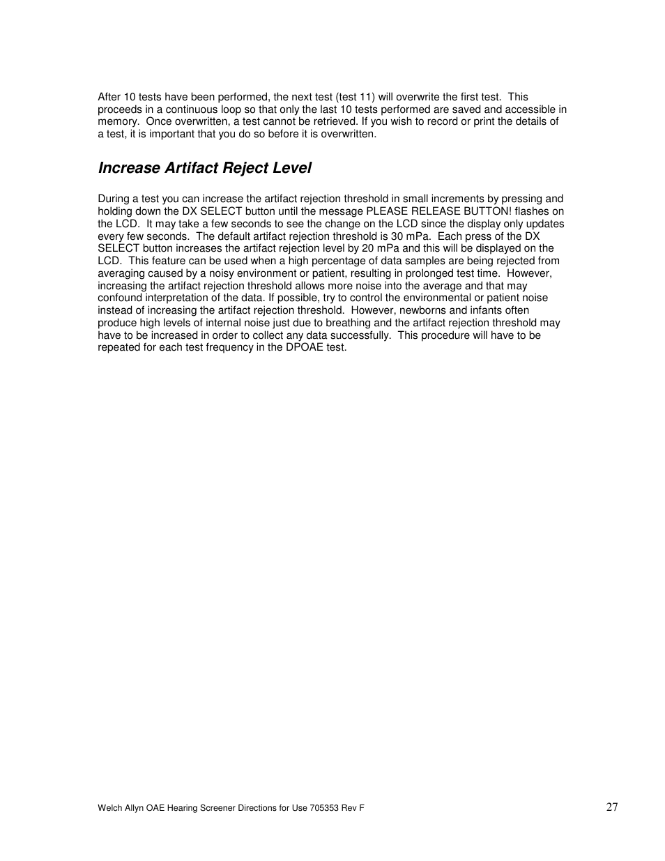 Increase artifact reject level | Welch Allyn OAE Hearing Screener - User Manual User Manual | Page 28 / 56