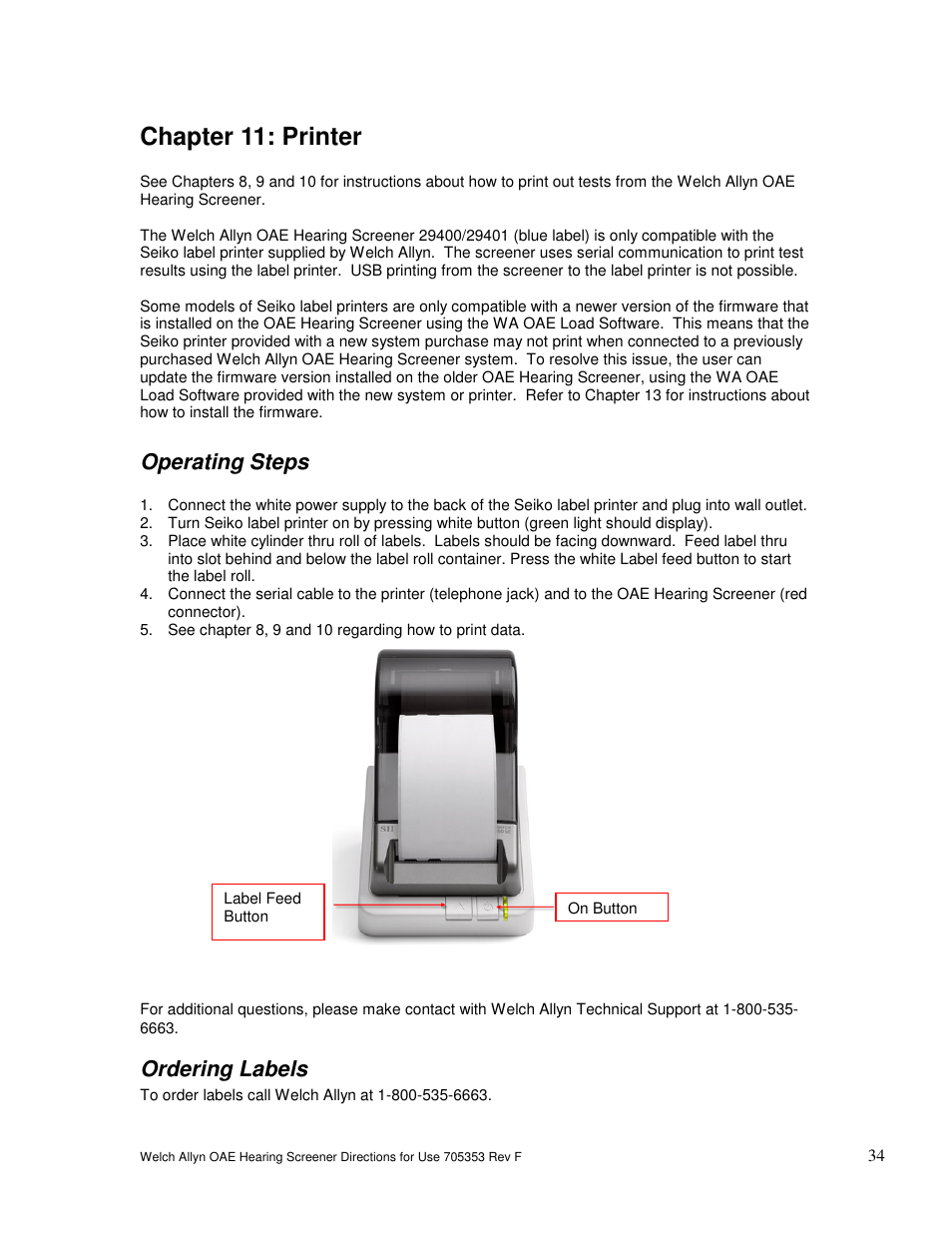 Chapter 11: printer, Operating steps, Ordering labels | Welch Allyn OAE Hearing Screener - User Manual User Manual | Page 35 / 56