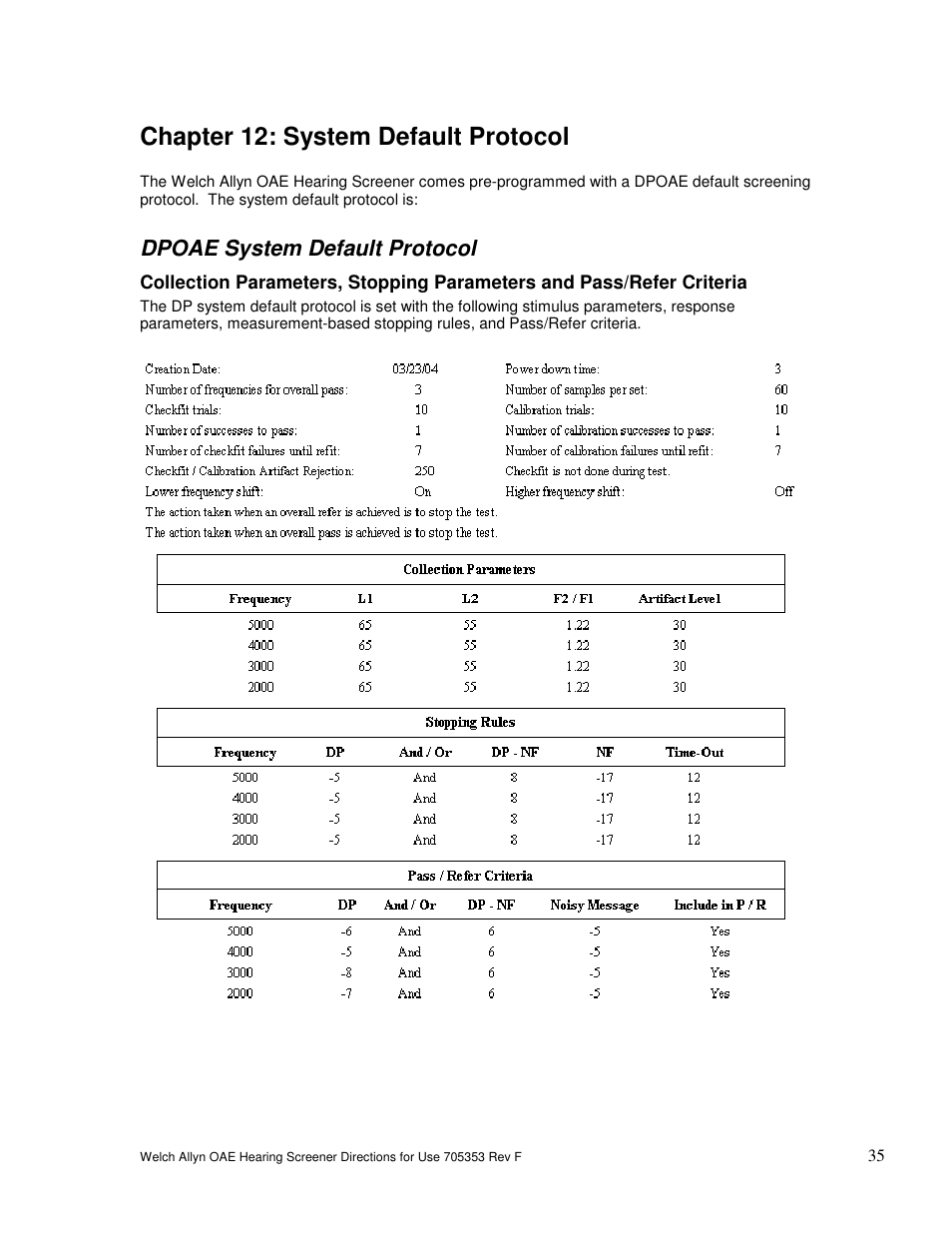 Chapter 12: system default protocol, Dpoae system default protocol | Welch Allyn OAE Hearing Screener - User Manual User Manual | Page 36 / 56
