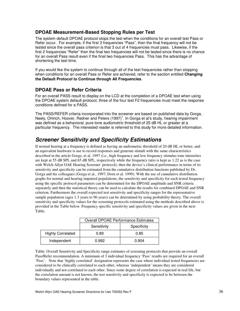 Screener sensitivity and specificity estimations | Welch Allyn OAE Hearing Screener - User Manual User Manual | Page 37 / 56