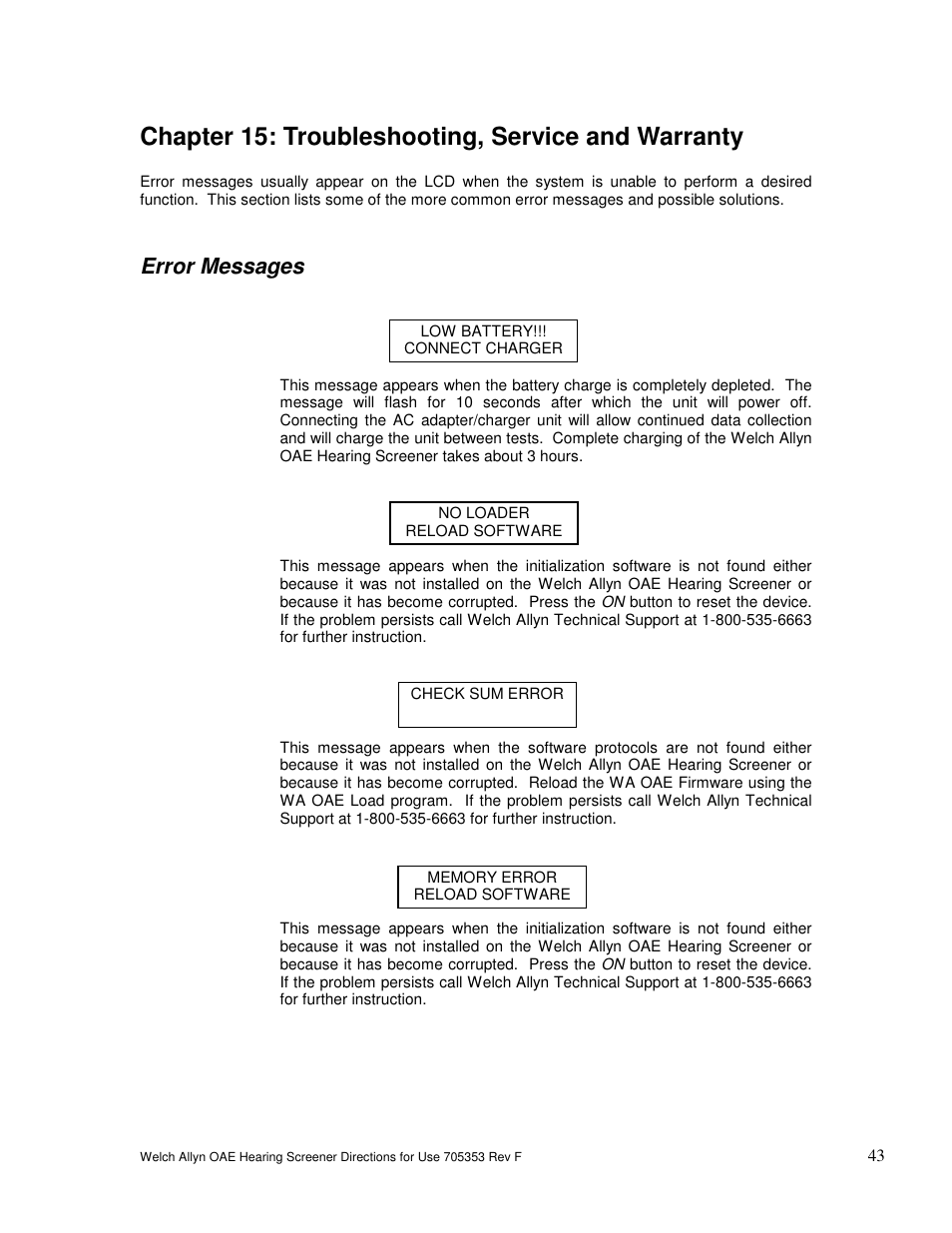 Chapter 15: troubleshooting, service and warranty, Error messages | Welch Allyn OAE Hearing Screener - User Manual User Manual | Page 44 / 56