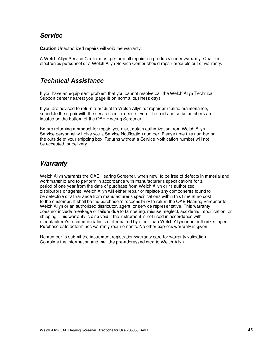 Service, Technical assistance, Warranty | Welch Allyn OAE Hearing Screener - User Manual User Manual | Page 46 / 56