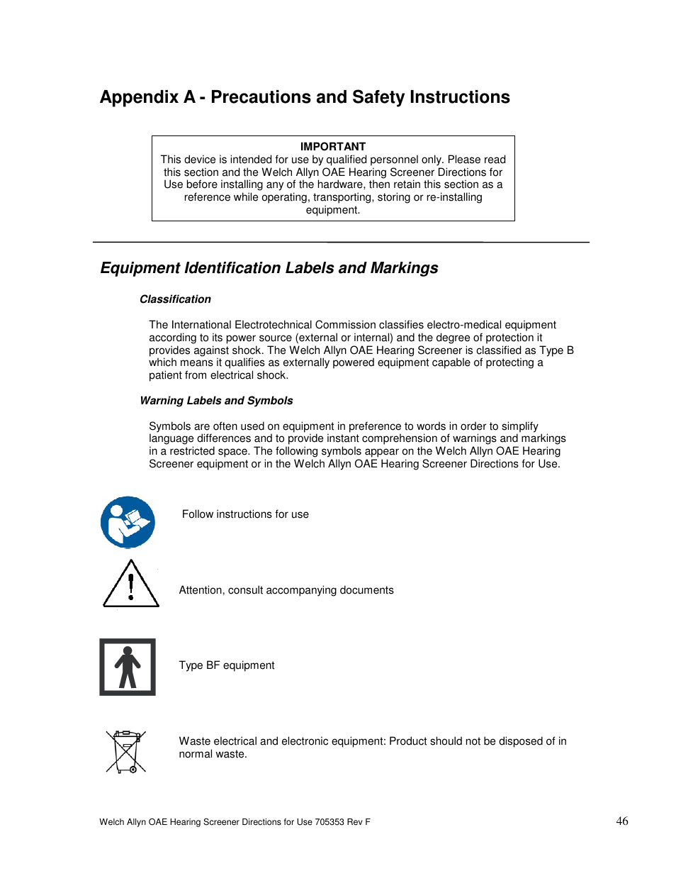 Appendix a - precautions and safety instructions, Equipment identification labels and markings | Welch Allyn OAE Hearing Screener - User Manual User Manual | Page 47 / 56