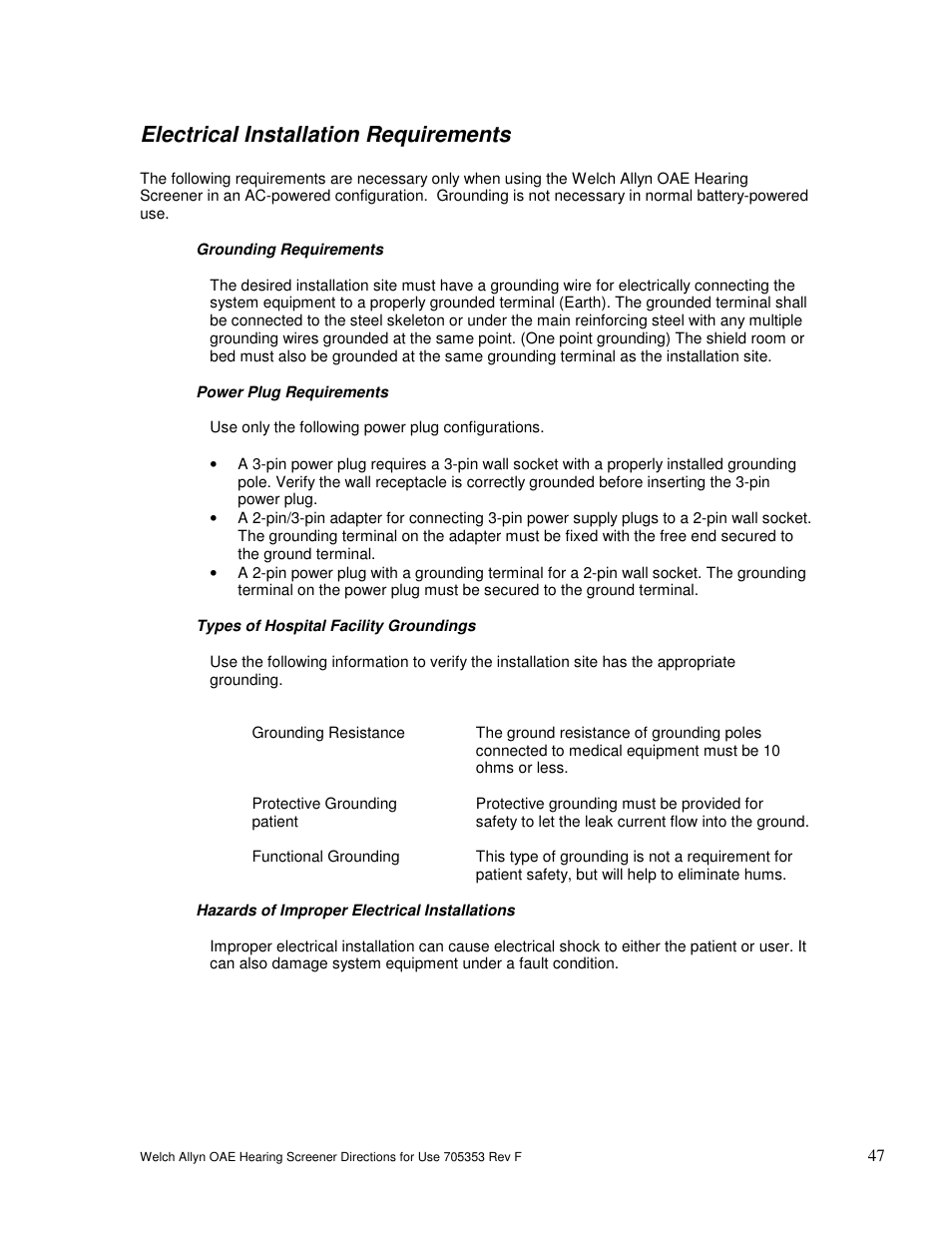 Electrical installation requirements | Welch Allyn OAE Hearing Screener - User Manual User Manual | Page 48 / 56