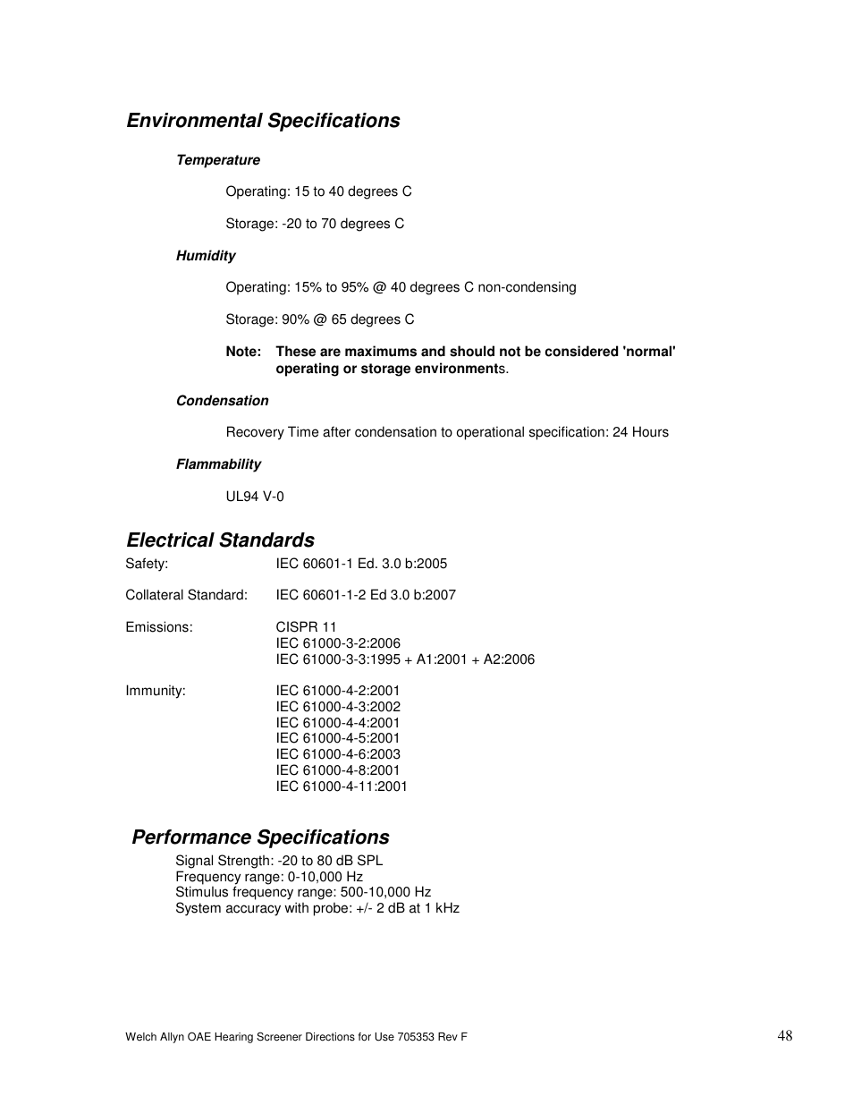 Environmental specifications, Electrical standards, Performance specifications | Welch Allyn OAE Hearing Screener - User Manual User Manual | Page 49 / 56