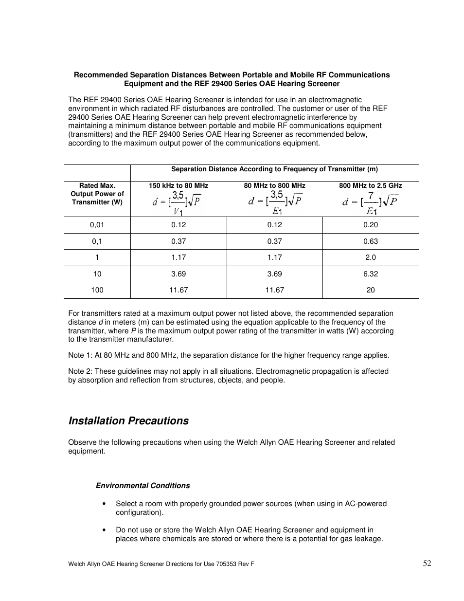 Installation precautions | Welch Allyn OAE Hearing Screener - User Manual User Manual | Page 53 / 56