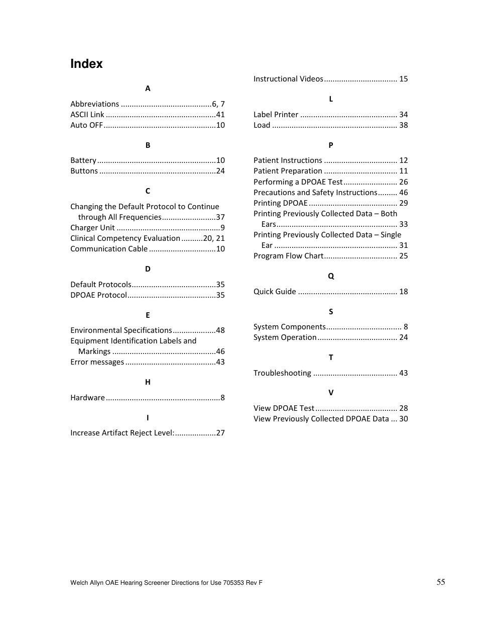 Index | Welch Allyn OAE Hearing Screener - User Manual User Manual | Page 56 / 56