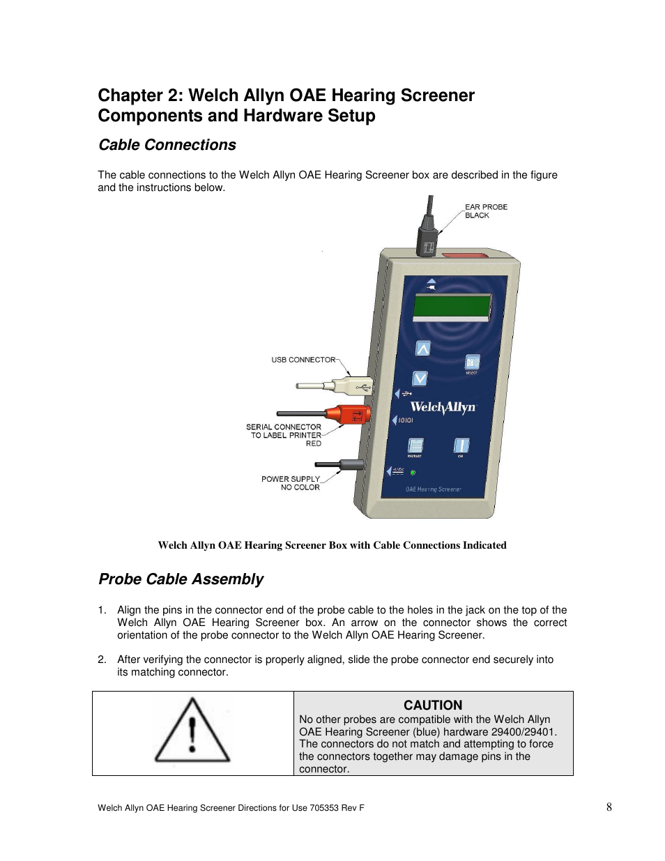 Cable connections, Probe cable assembly | Welch Allyn OAE Hearing Screener - User Manual User Manual | Page 9 / 56