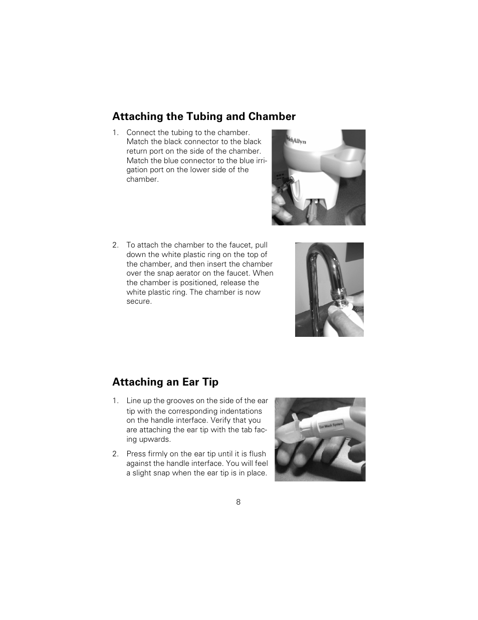 Attaching the tubing and chamber, Attaching an ear tip | Welch Allyn Ear Wash System 29350 - User Manual User Manual | Page 12 / 28