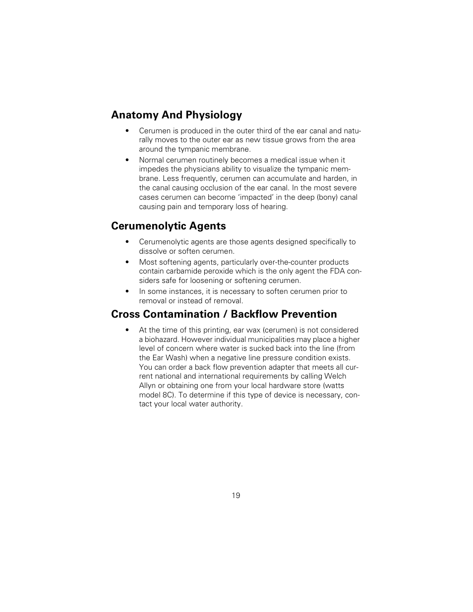 Anatomy and physiology, Cerumenolytic agents, Cross contamination / backflow prevention | Welch Allyn Ear Wash System 29350 - User Manual User Manual | Page 23 / 28