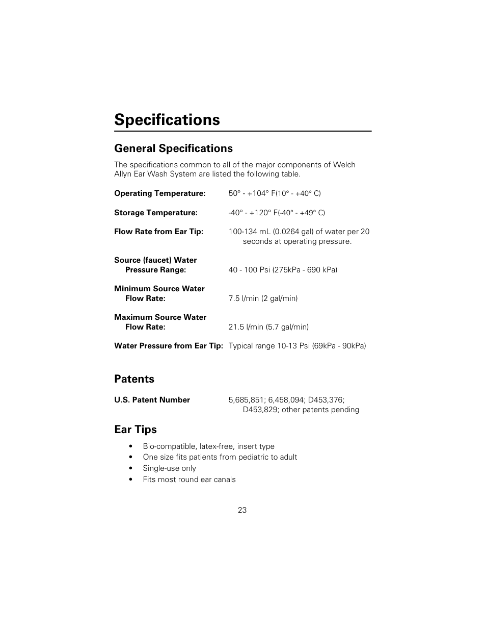 Specifications, General specifications, Patents | Ear tips, General specifications patents ear tips | Welch Allyn Ear Wash System 29350 - User Manual User Manual | Page 27 / 28