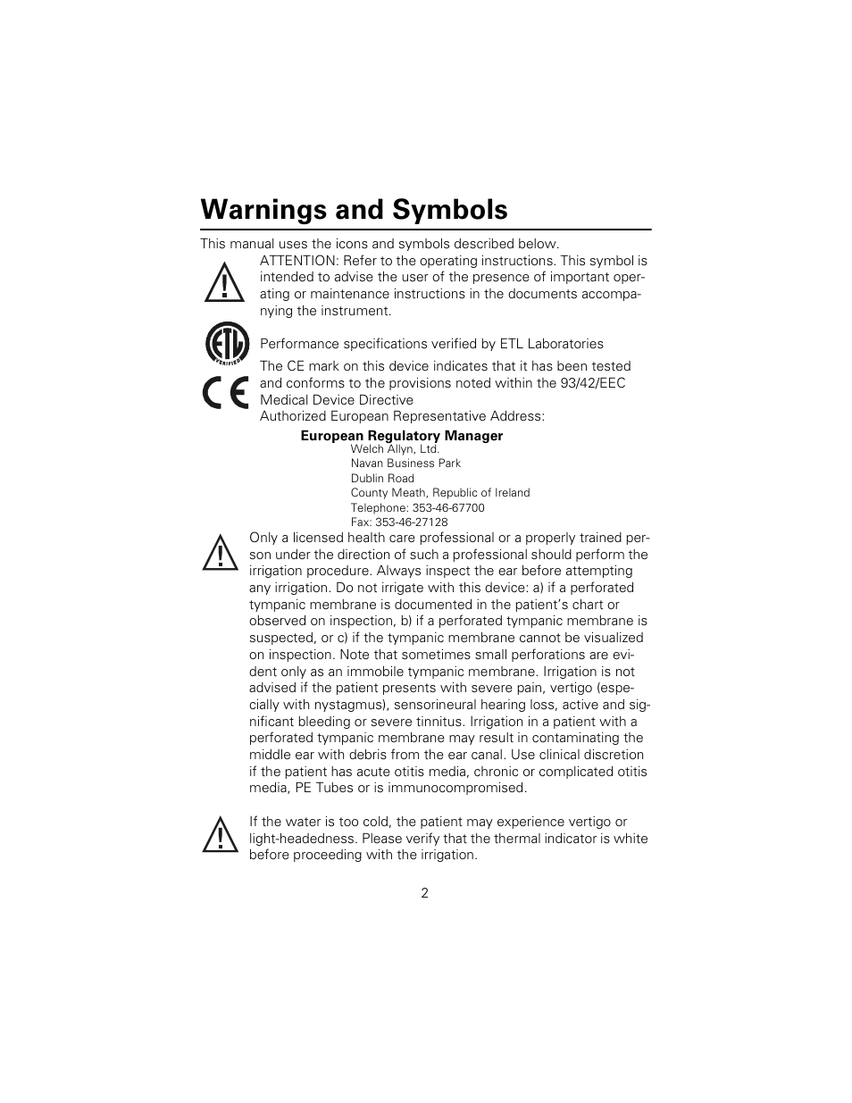 Warnings and symbols | Welch Allyn Ear Wash System 29350 - User Manual User Manual | Page 6 / 28