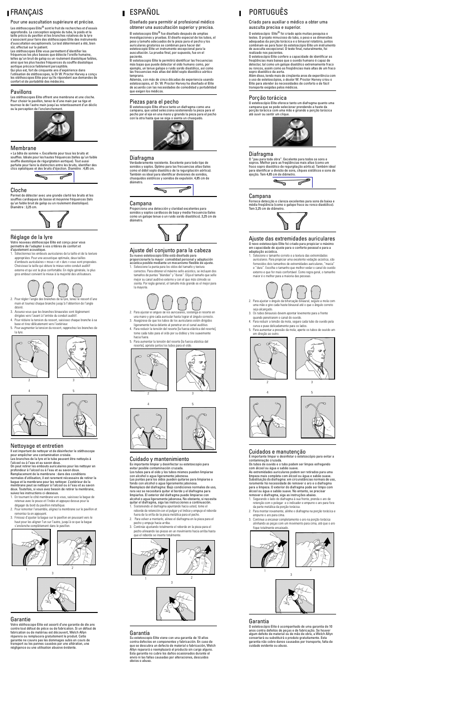 Français, Pavillons, Membrane | Cloche, Réglage de la lyre, Nettoyage et entretien, Garantie, Español, Piezas para el pecho, Diafragma | Welch Allyn Harvey Elite Stethoscope - User Manual User Manual | Page 2 / 2