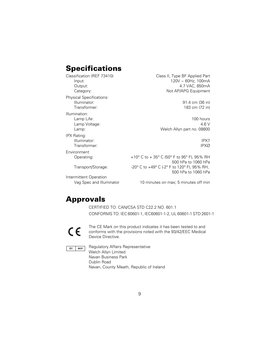 Specifications, Approvals | Welch Allyn KleenSpec Vaginal Specula Illumination System - User Manual User Manual | Page 13 / 20