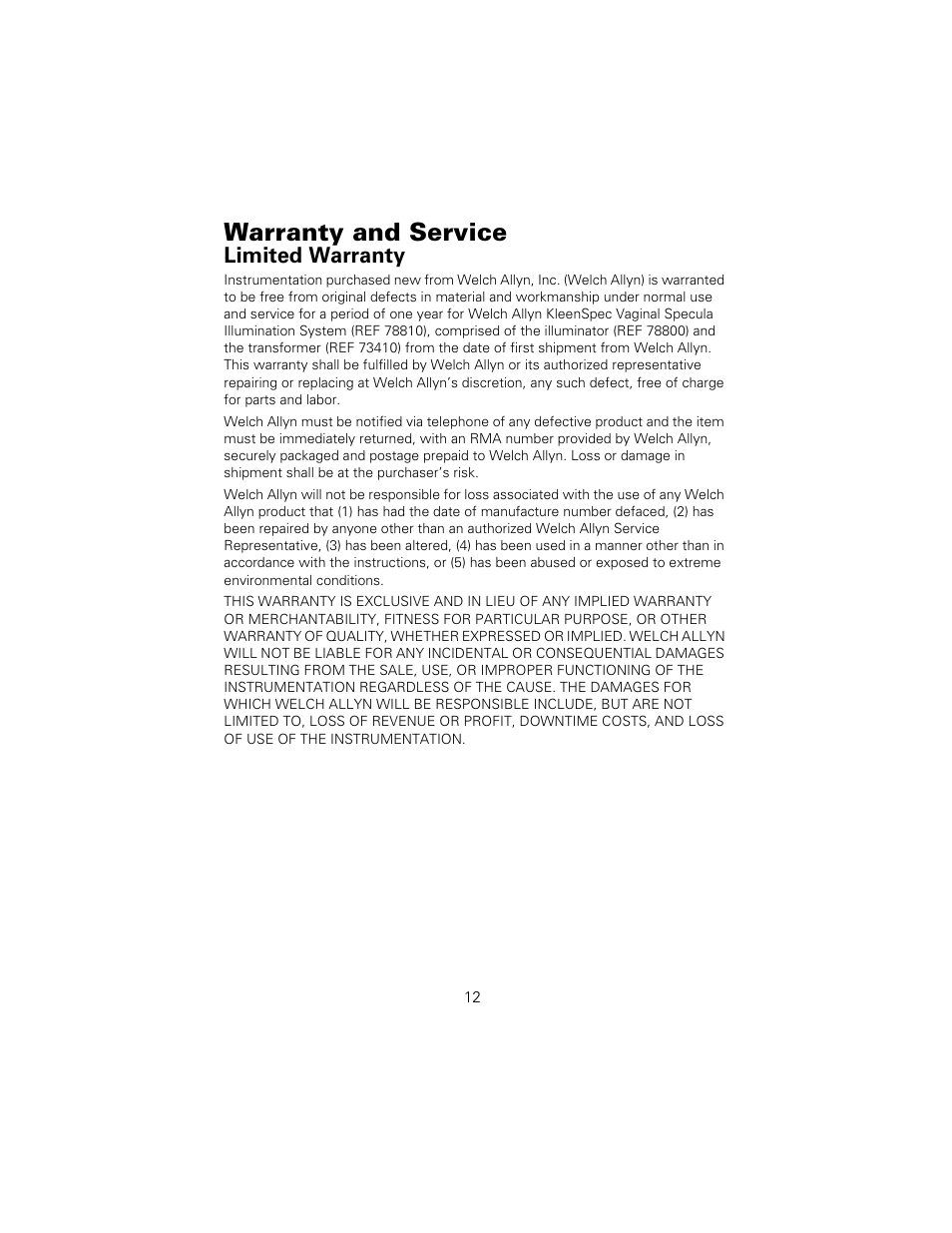 Warranty and service, Limited warranty | Welch Allyn KleenSpec Vaginal Specula Illumination System - User Manual User Manual | Page 16 / 20