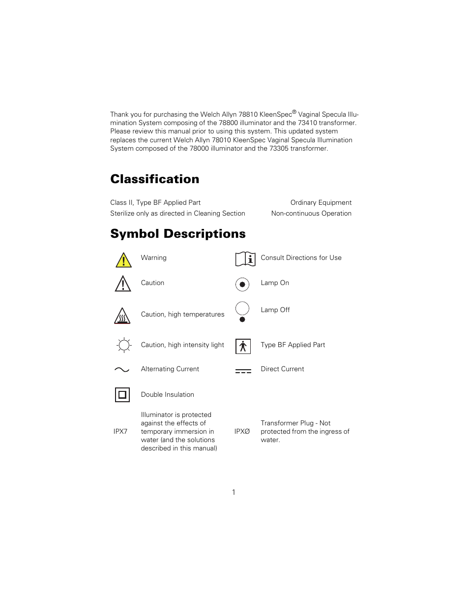 Classification, Symbol descriptions | Welch Allyn KleenSpec Vaginal Specula Illumination System - User Manual User Manual | Page 5 / 20