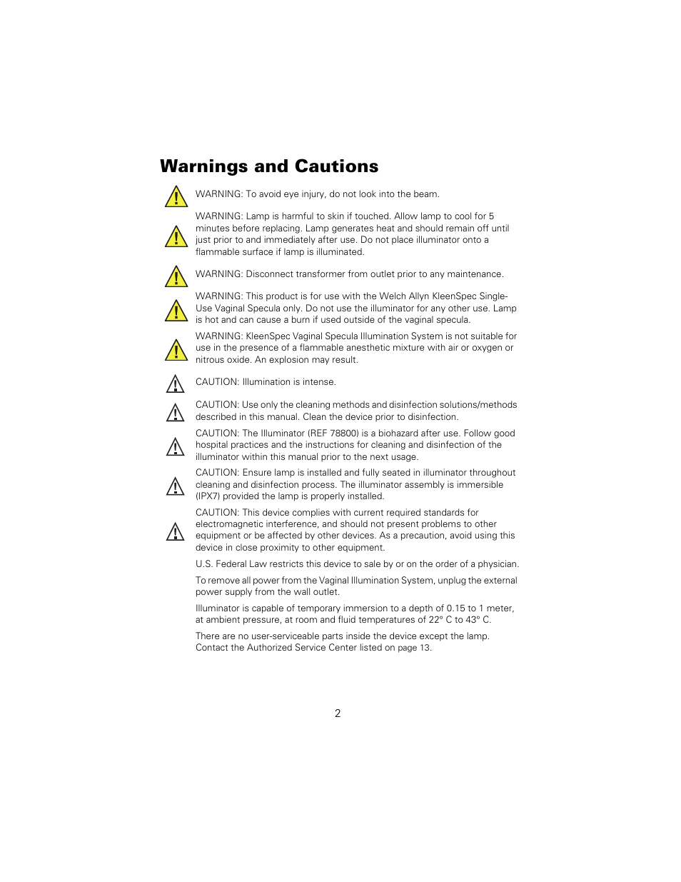 Warnings and cautions | Welch Allyn KleenSpec Vaginal Specula Illumination System - User Manual User Manual | Page 6 / 20