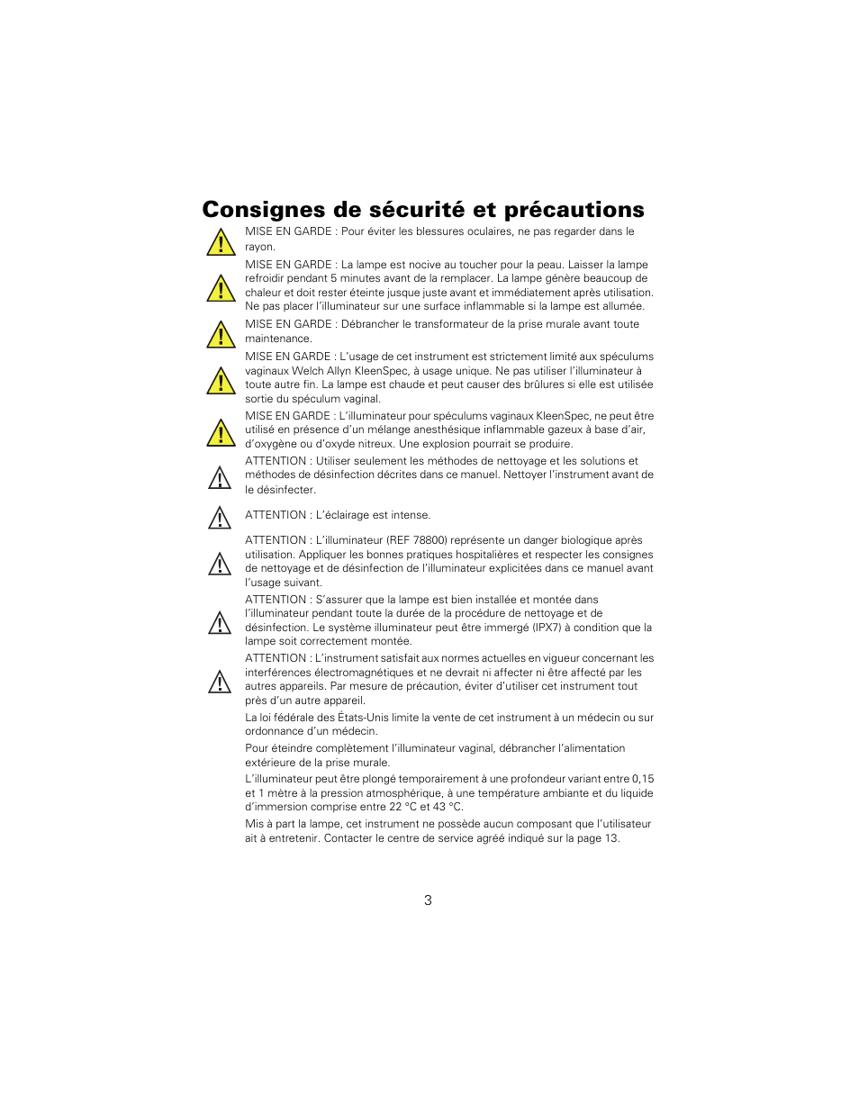 Consignes de sécurité et précautions | Welch Allyn KleenSpec Vaginal Specula Illumination System - User Manual User Manual | Page 7 / 20