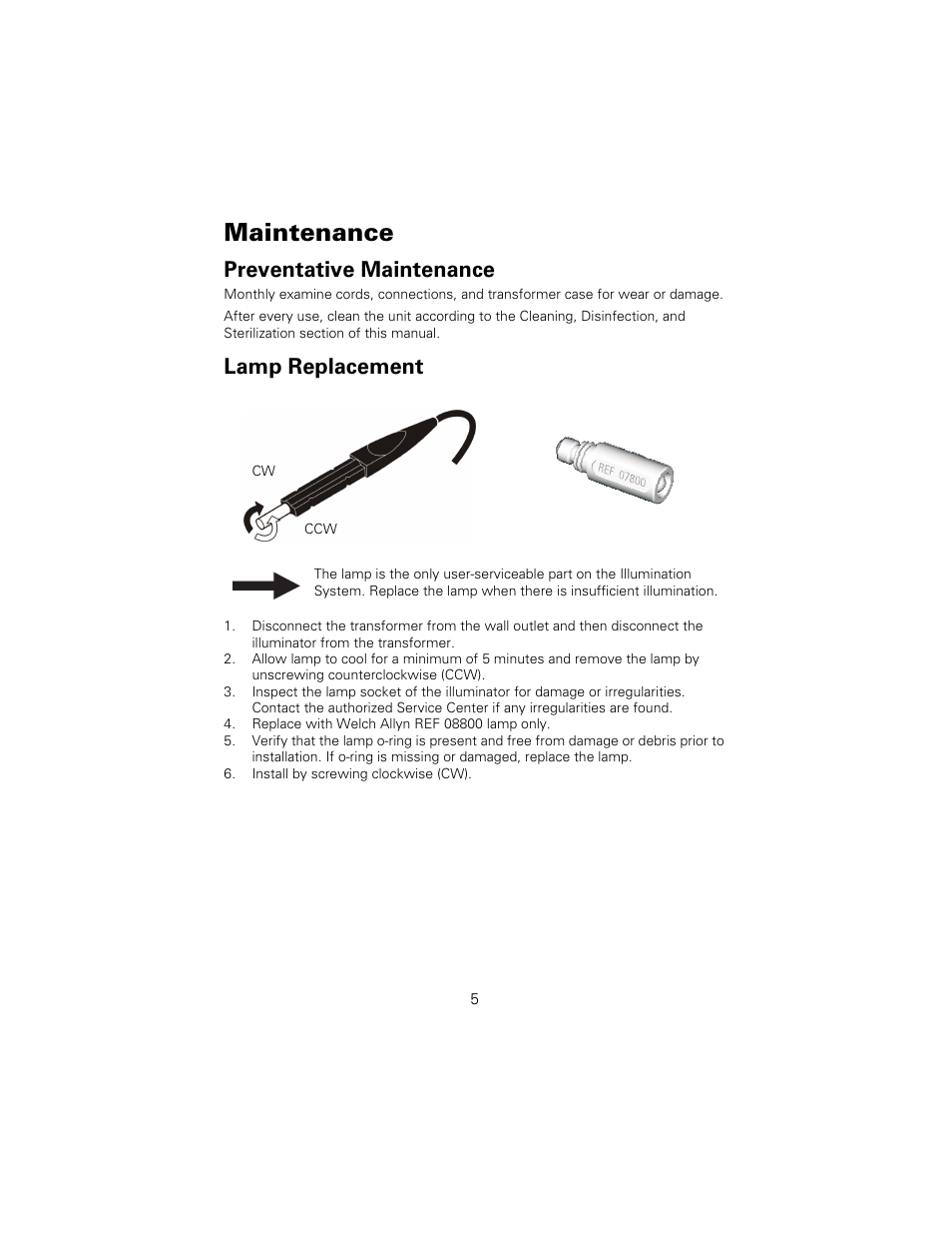 Maintenance, Preventative maintenance, Lamp replacement | Preventative maintenance lamp replacement | Welch Allyn KleenSpec Vaginal Specula Illumination System - User Manual User Manual | Page 9 / 20