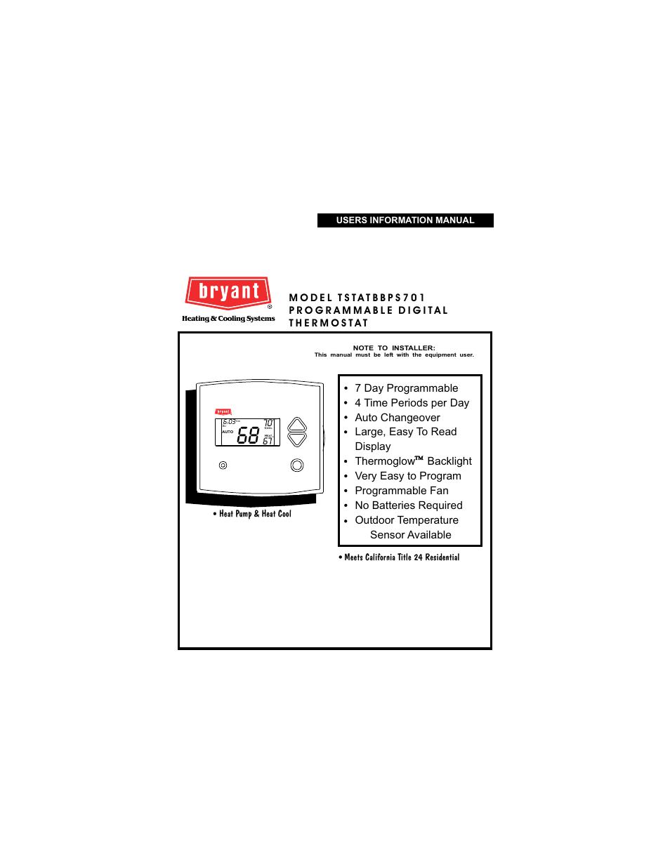 Bryant TSTATBBPS701 User Manual | 25 pages