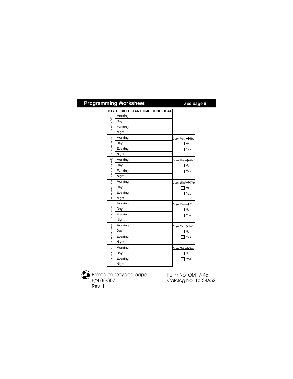 Programming worksheet, See page 8 | Bryant TSTATBBPS701 User Manual | Page 25 / 25