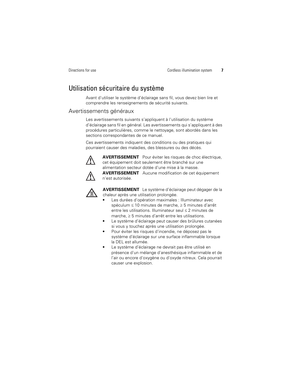 Utilisation sécuritaire du système, Avertissements généraux | Welch Allyn KleenSpec 790 Series Cordless Illumination System - User Manual User Manual | Page 11 / 32