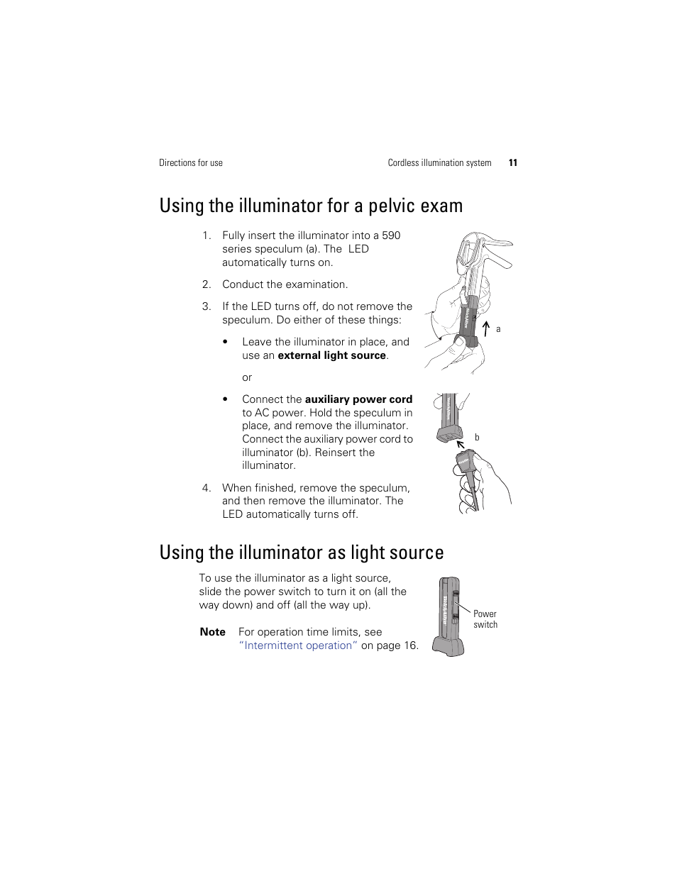 Using the illuminator for a pelvic exam, Using the illuminator as light source | Welch Allyn KleenSpec 790 Series Cordless Illumination System - User Manual User Manual | Page 15 / 32