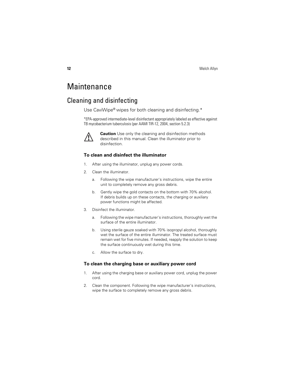 Maintenance, Cleaning and disinfecting, Cleaning and | Disinfecting | Welch Allyn KleenSpec 790 Series Cordless Illumination System - User Manual User Manual | Page 16 / 32