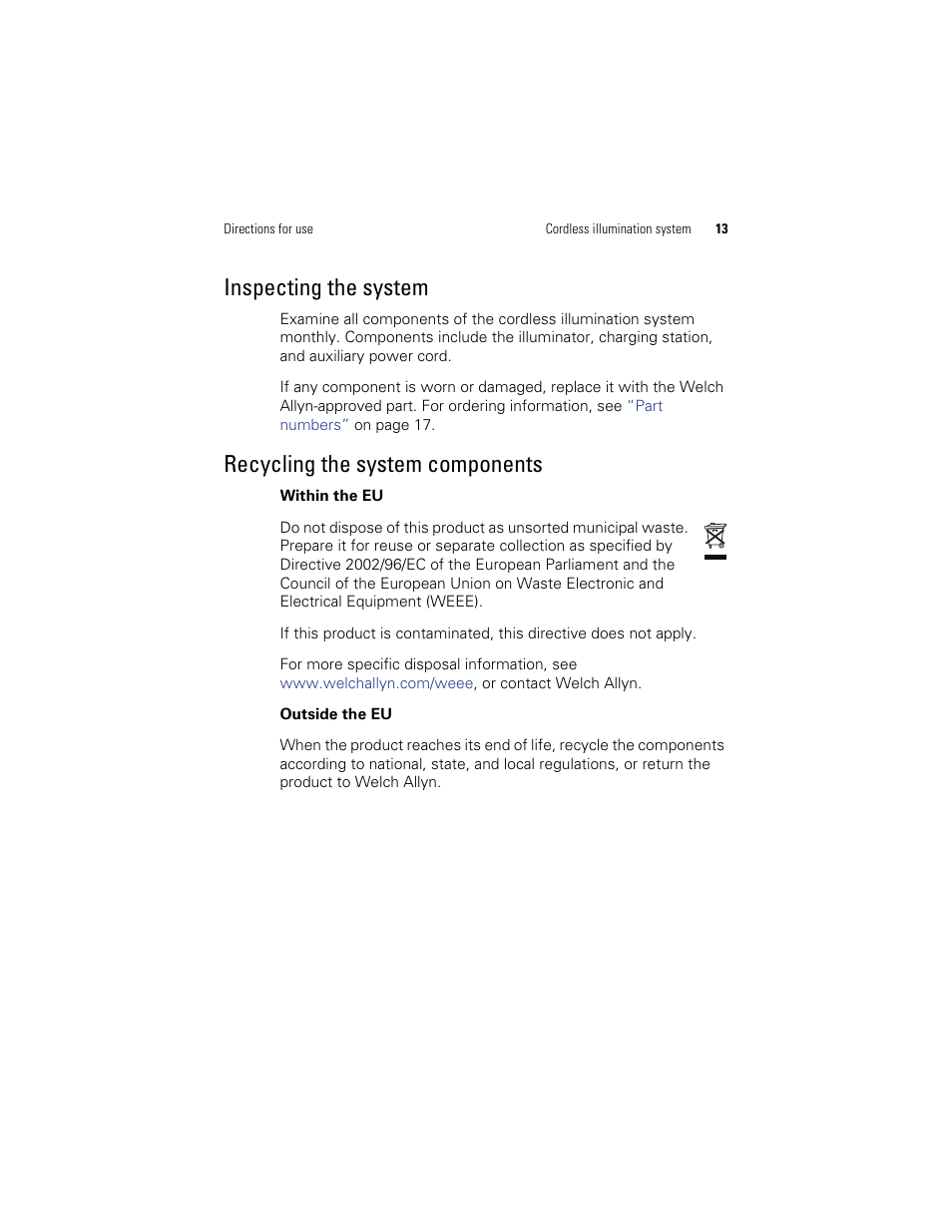 Inspecting the system, Recycling the system components | Welch Allyn KleenSpec 790 Series Cordless Illumination System - User Manual User Manual | Page 17 / 32