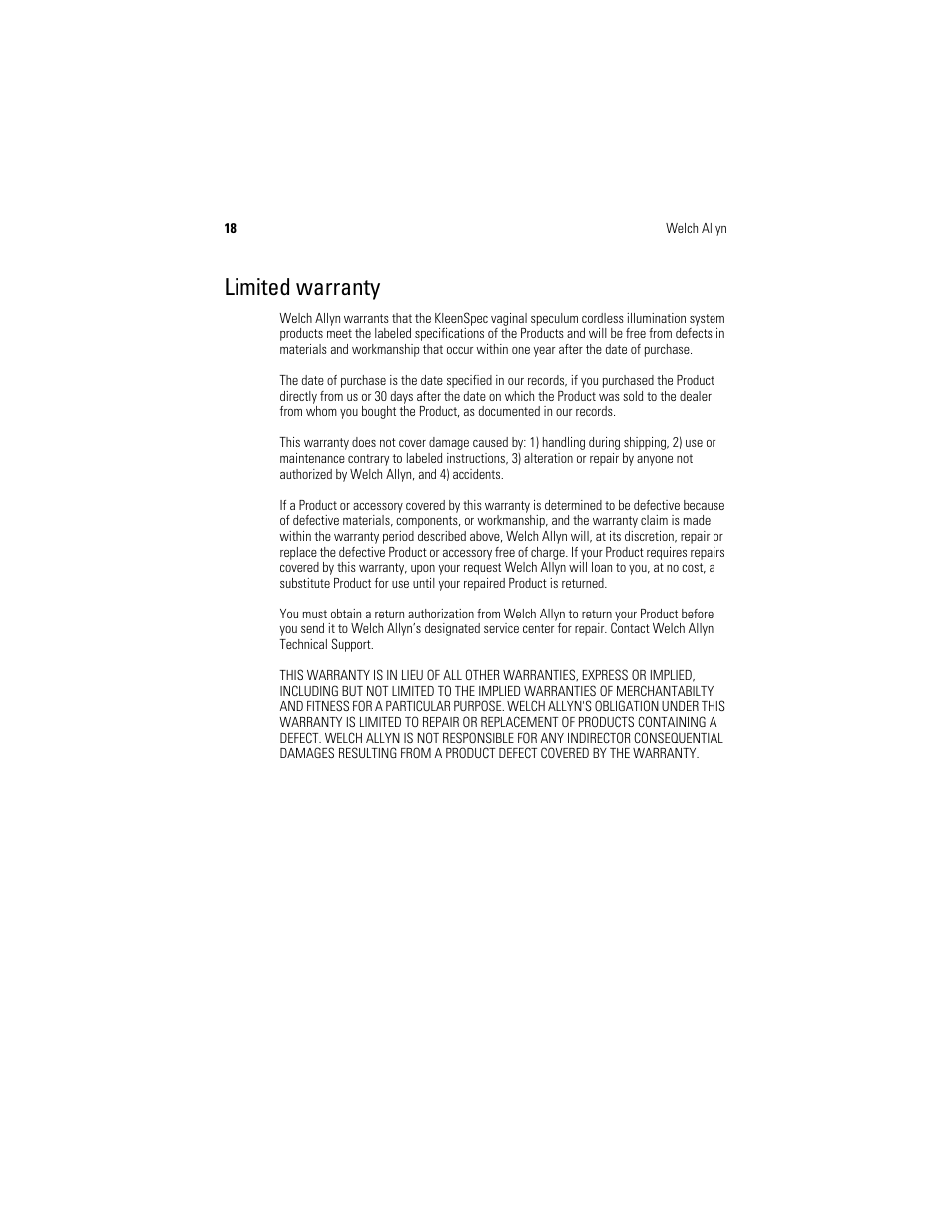 Limited warranty | Welch Allyn KleenSpec 790 Series Cordless Illumination System - User Manual User Manual | Page 22 / 32