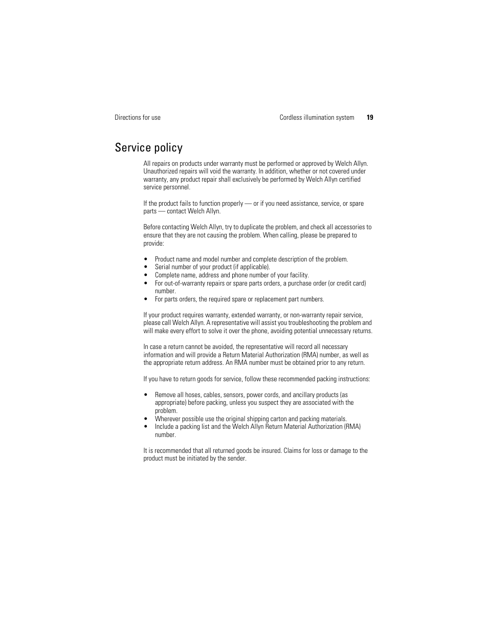 Service policy | Welch Allyn KleenSpec 790 Series Cordless Illumination System - User Manual User Manual | Page 23 / 32