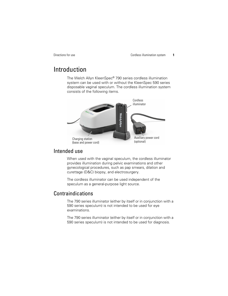 Introduction, Intended use, Contraindications | Intended use contraindications | Welch Allyn KleenSpec 790 Series Cordless Illumination System - User Manual User Manual | Page 5 / 32