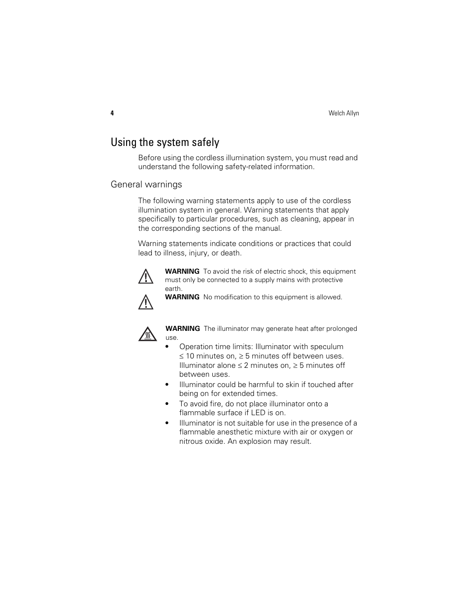 Using the system safely, General warnings | Welch Allyn KleenSpec 790 Series Cordless Illumination System - User Manual User Manual | Page 8 / 32