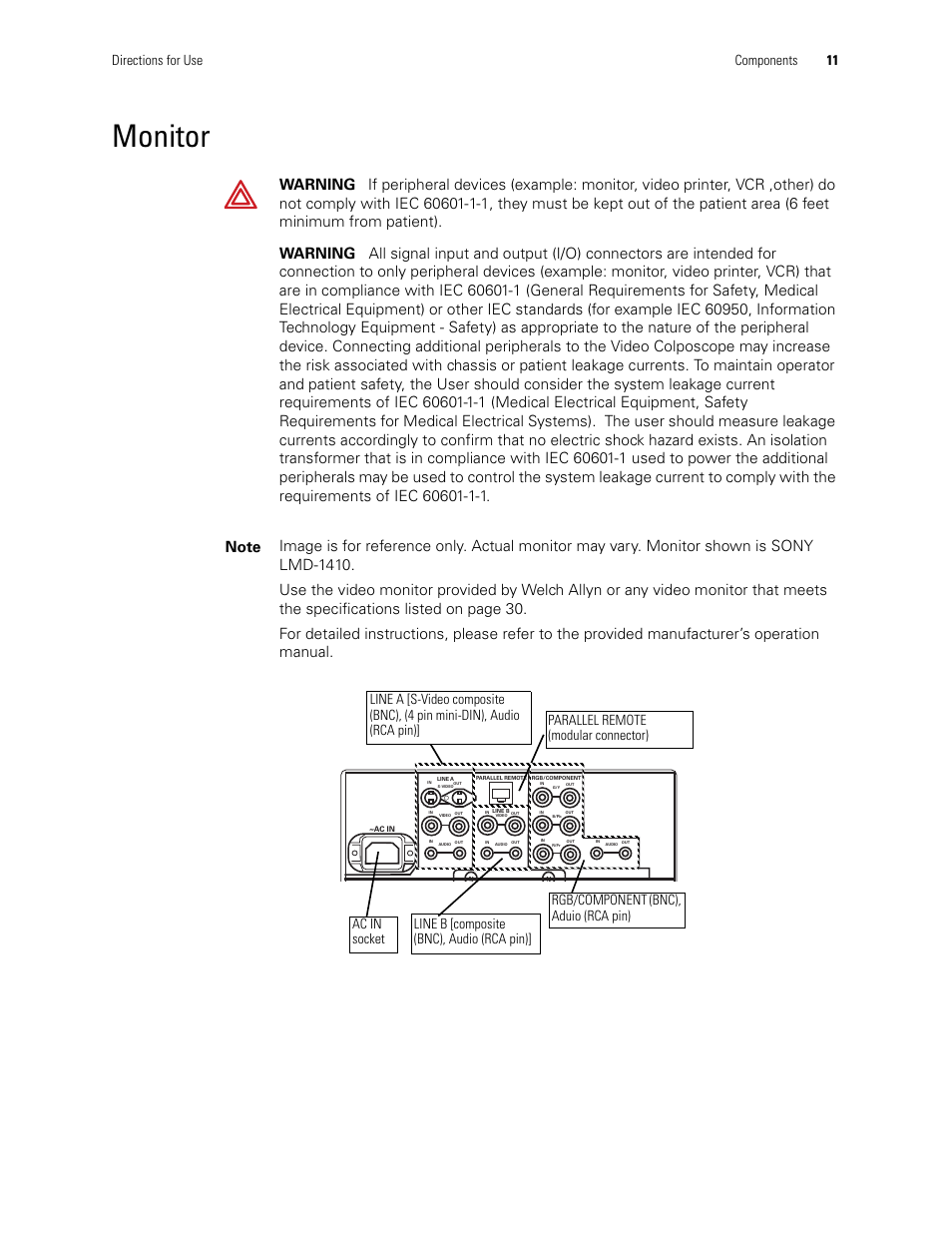 Monitor, Directions for use components 11 | Welch Allyn Video Colposcope - User Manual User Manual | Page 17 / 48