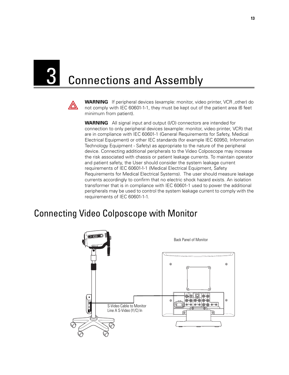 Connections and assembly, Connecting video colposcope with monitor, 3 - connections and assembly | Welch Allyn Video Colposcope - User Manual User Manual | Page 19 / 48