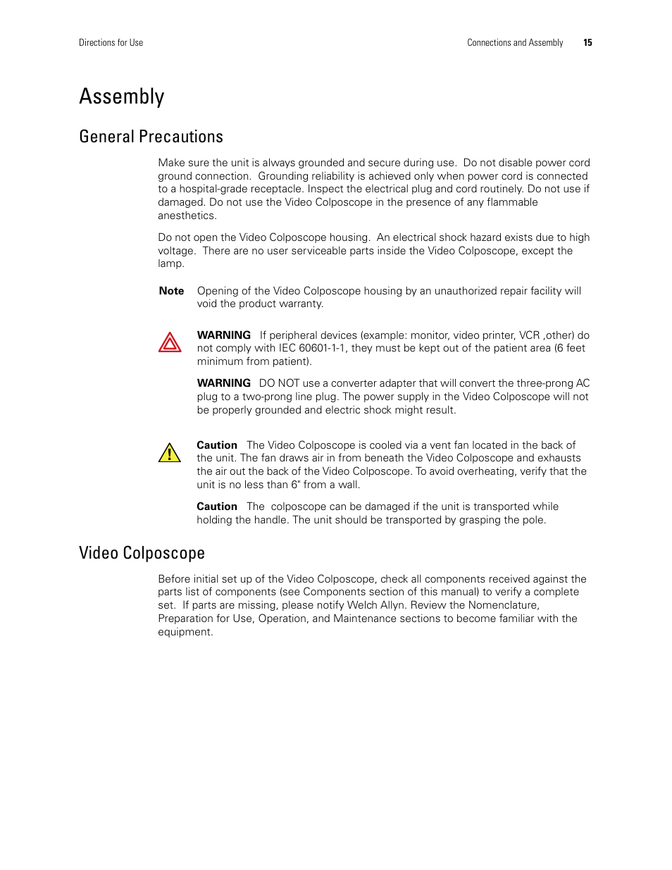 Assembly, General precautions, Video colposcope | General precautions video colposcope | Welch Allyn Video Colposcope - User Manual User Manual | Page 21 / 48