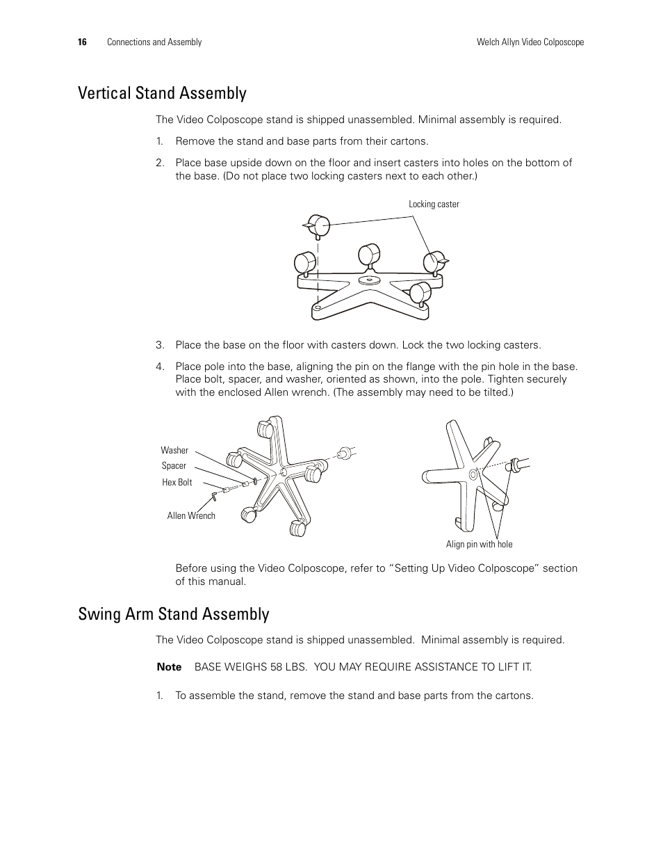 Vertical stand assembly, Swing arm stand assembly, Vertical stand assembly swing arm stand assembly | Welch Allyn Video Colposcope - User Manual User Manual | Page 22 / 48