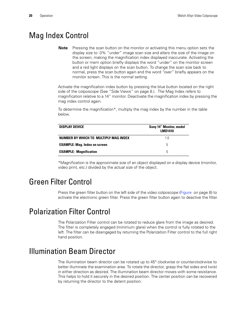 Mag index control, Green filter control, Polarization filter control | Illumination beam director | Welch Allyn Video Colposcope - User Manual User Manual | Page 26 / 48
