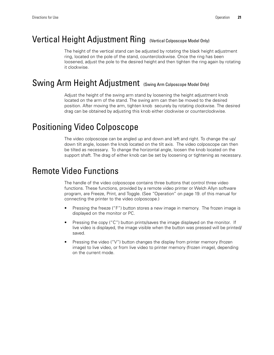 Positioning video colposcope, Remote video functions, Vertical height adjustment ring | Swing arm height adjustment | Welch Allyn Video Colposcope - User Manual User Manual | Page 27 / 48