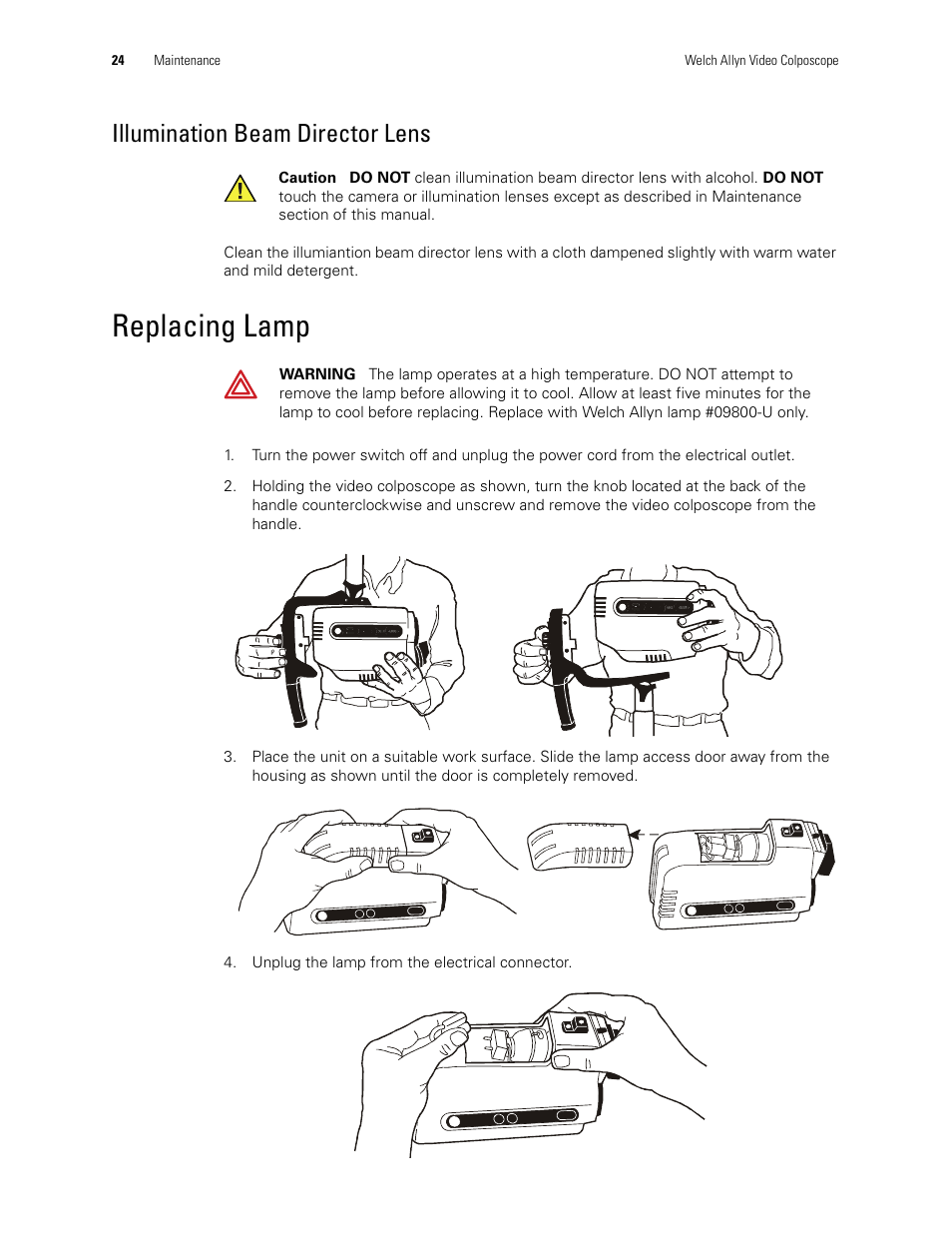 Illumination beam director lens, Replacing lamp | Welch Allyn Video Colposcope - User Manual User Manual | Page 30 / 48
