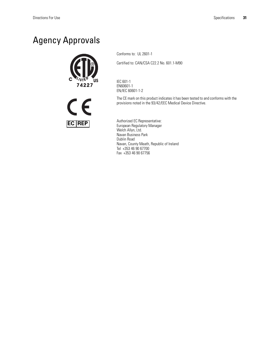 Agency approvals | Welch Allyn Video Colposcope - User Manual User Manual | Page 37 / 48
