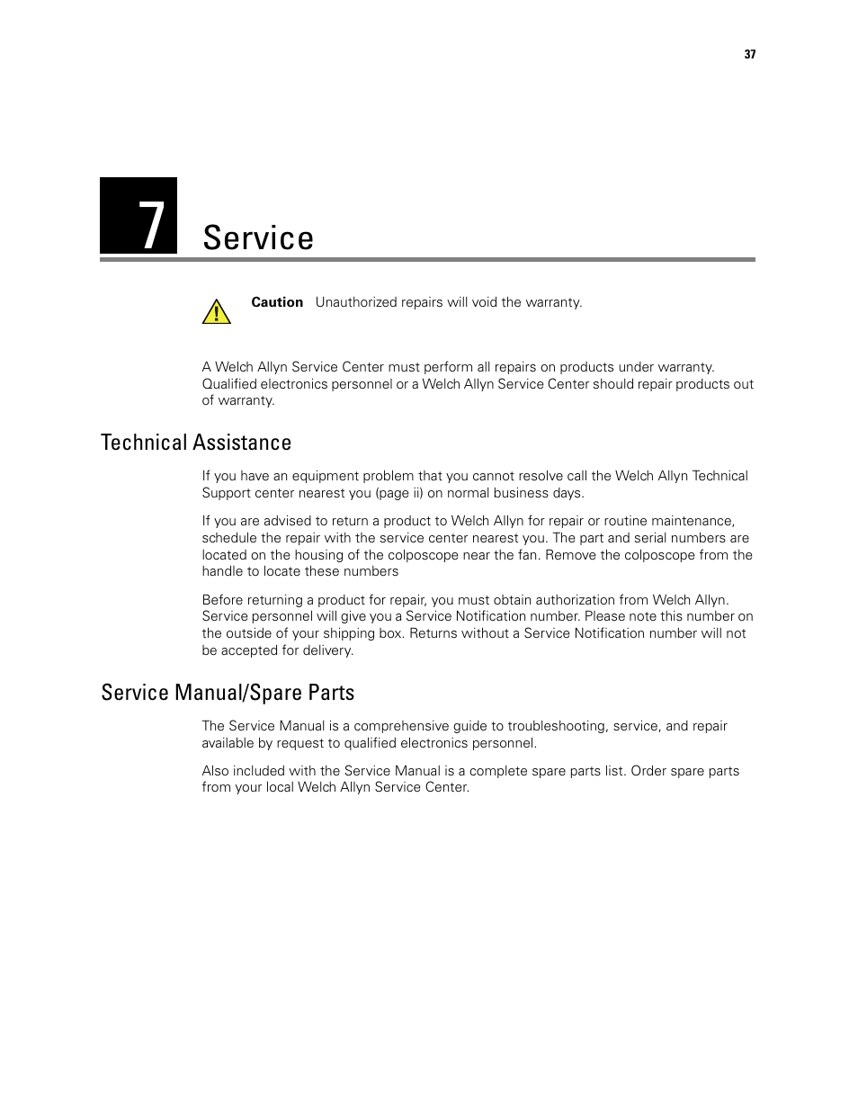 Service, Technical assistance, Service manual/spare parts | 7 - service, Technical assistance service manual/spare parts | Welch Allyn Video Colposcope - User Manual User Manual | Page 43 / 48