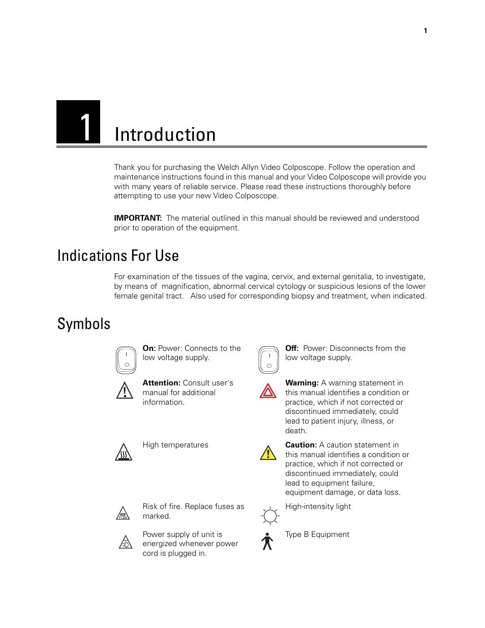 Introduction, Indications for use, Symbols | 1 - introduction, Indications for use symbols | Welch Allyn Video Colposcope - User Manual User Manual | Page 7 / 48
