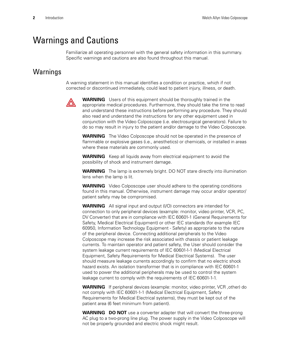 Warnings and cautions, Warnings | Welch Allyn Video Colposcope - User Manual User Manual | Page 8 / 48