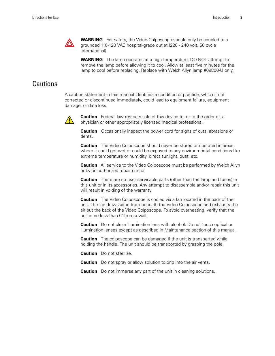 Cautions | Welch Allyn Video Colposcope - User Manual User Manual | Page 9 / 48