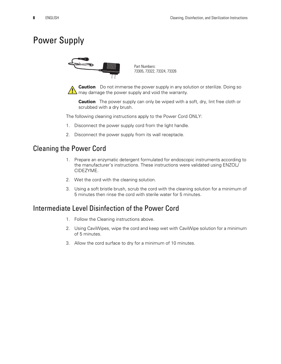 Power supply, Cleaning the power cord, Intermediate level disinfection of the power cord | Welch Allyn Rigid Reusable & Single use Sigmoidoscopes, Anoscopes, Accessories - Cleaning, Disinfection, and Sterilization - User Manual User Manual | Page 10 / 12