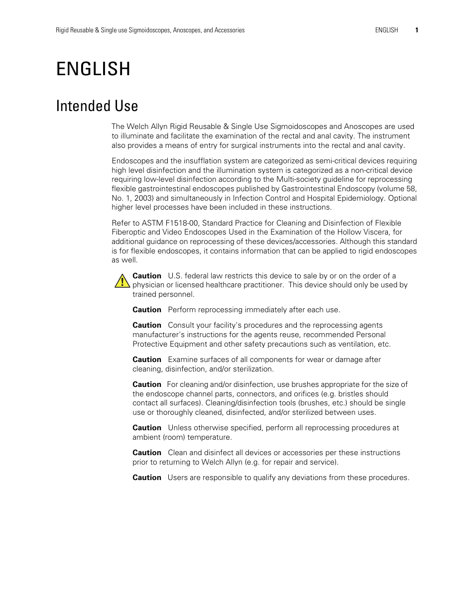 English, Intended use | Welch Allyn Rigid Reusable & Single use Sigmoidoscopes, Anoscopes, Accessories - Cleaning, Disinfection, and Sterilization - User Manual User Manual | Page 3 / 12